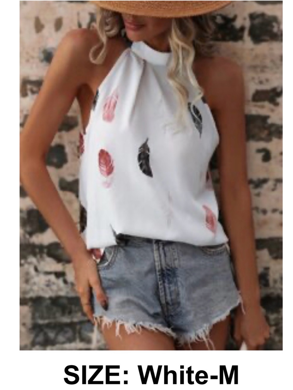 White Halter Feather Print Women’s Top